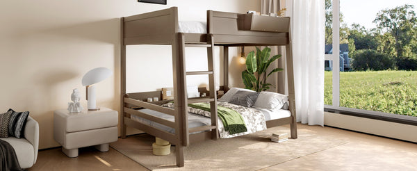 English Elm Full Pine Bunk Bed with Integrated Bookshelves Guardrails and Detachable Frame Brown W5316S00012