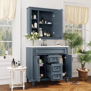 English Elm 36'' Bathroom Vanity with Sink and Mirror Cabinet, Modern MDF & Solid Wood Design, Ceramic Top, Soft-Close Doors Blue SW000115AAC-1
