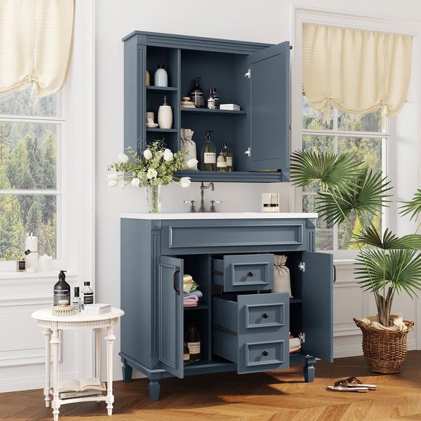 English Elm 36'' Bathroom Vanity with Sink and Mirror Cabinet, Modern MDF & Solid Wood Design, Ceramic Top, Soft-Close Doors Blue SW000115AAC-1