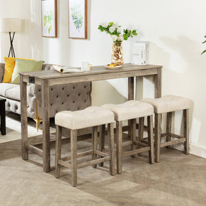 English Elm 4-Piece Bar Table Set With Power Outlet & 3 Padded Stools - Stylish Dining & Work Solution For Small Spaces W1998P193826
