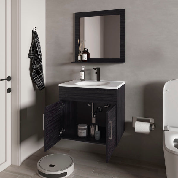 English Elm Slater Floating Vanity Set Wenge with Sink, Two-Door Cabinet, Mirror Shelf — Space-Saving, Scratch-Resistant B128P314806