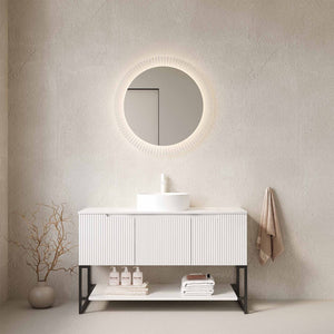 English Elm 48" Freestanding Bathroom Vanity Cabinet Sintered Stone Top Woodgrain Finish Open Shelf W2615S00664