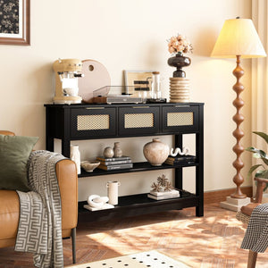 English Elm 43.3" Farmhouse Console Table Rattan Drawer Fronts Open Shelving Entryway Storage Black T3210P426419