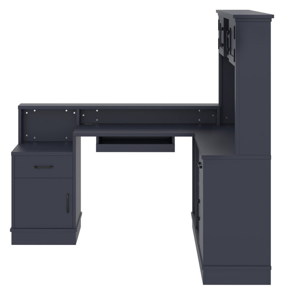 English Elm L-shaped Corner Computer Desk with Built-in Outlets Drawers and Open Shelving Storage W1580S00270