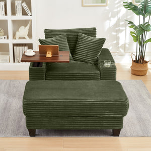 English Elm Fluffy Corduroy Storage Armrest Sofa with Ottoman, Bluetooth Speaker, USB, 180° Swivel Desk Green W3705P349931