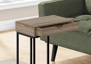 English Elm Accent Table, C-Shaped Design For Modern Living Spaces, Storage Drawer, Sleek Black Metal Frame B2710P219420