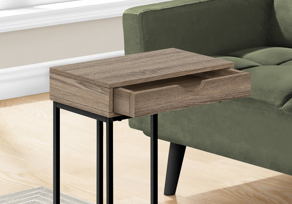 English Elm Accent Table, C-Shaped Design For Modern Living Spaces, Storage Drawer, Sleek Black Metal Frame B2710P219420