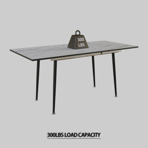 English Elm 47" Expandable to 63" White Marble MDF Square Dining Table with Tapered Black Legs, Modern Durable Seating T2396P279784