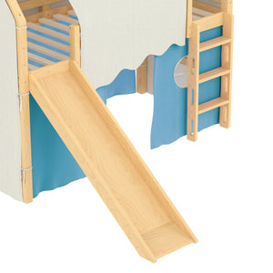 English Elm Twin Pine Loft Bed with House Frame Tent Led Lights Slide and Floor Space Below W1580S00290