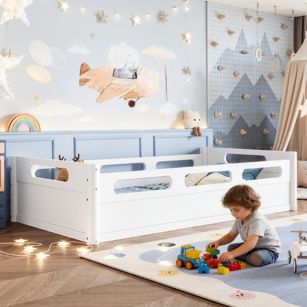 English Elm Twin Low Profile Floor Bed with Guardrails Pine Wood Frame Minimalist Bedroom White W1580P438763