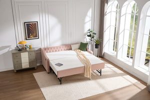 English Elm Twin Velvet Daybed with Pull Out Trundle Tufted Back Usb Port and Side Pockets Pink W1361S00037