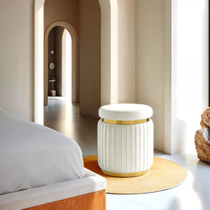 English Elm Contemporary Plush Pleated Round Ottoman Stool with Gold Trim Base, Velvet-Like Accent Seat for Living Room White 16 L x 16 W x 19 H B2741P388359