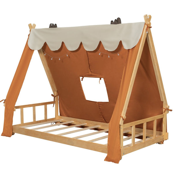 English Elm Twin Cabin Bed with Detachable Tent Skylight and Woodland Deer Antler Accents Brown N708P356716D