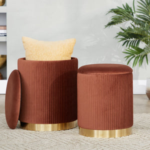 English Elm Nesting Pleated Velvet Ottoman Pair with Polished Gold Base Glam Living Room Accent B202P471509