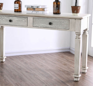 English Elm Transitional Round Coffee Table with Wire-Brushed Frame, Button-Tufted Padded Seat and Open Shelf, Rustic Finish Antique White 56 L x 30 W x 9 H B2741P362578