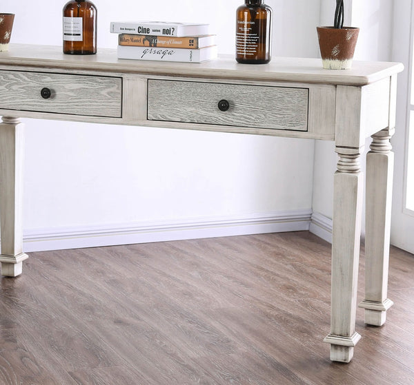 English Elm Transitional Round Coffee Table with Wire-Brushed Frame, Button-Tufted Padded Seat and Open Shelf, Rustic Finish Antique White 56 L x 30 W x 9 H B2741P362578