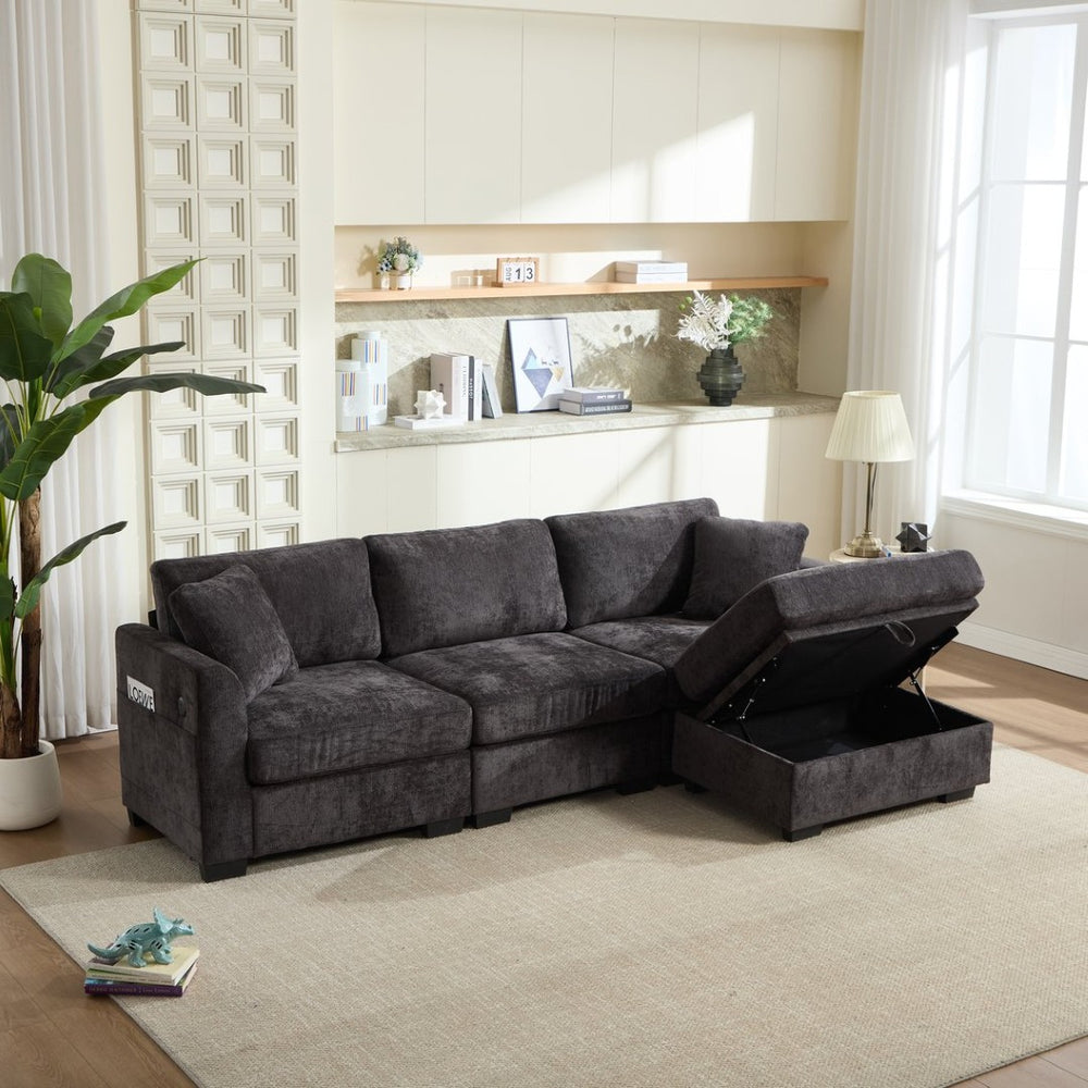 English Elm Modern Chenille L-shaped Sectional with Usb Charging Ottoman Storage Living Room Couch Black W2120S00014