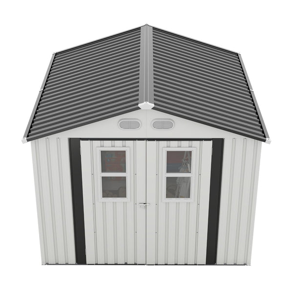 English Elm Outdoor Metal Storage Shed 8x8 Ft with Four Windows and Lockable Double Doors White W1598S00037