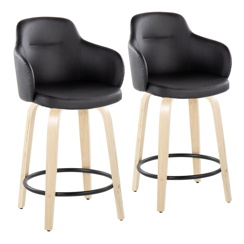 English Elm Boyne 24" Contemporary Fixed-Height Counter Stool with Swivel, Faux Leather Upholstery, Wood Base and Round Footrest - Set of 2 Black B202S00005