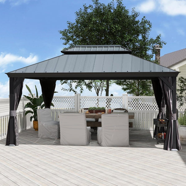 English Elm 10'x14' Hardtop Gazebo Dual Roof Steel Frame Permanent Outdoor Patio Pavilion W1859S00183