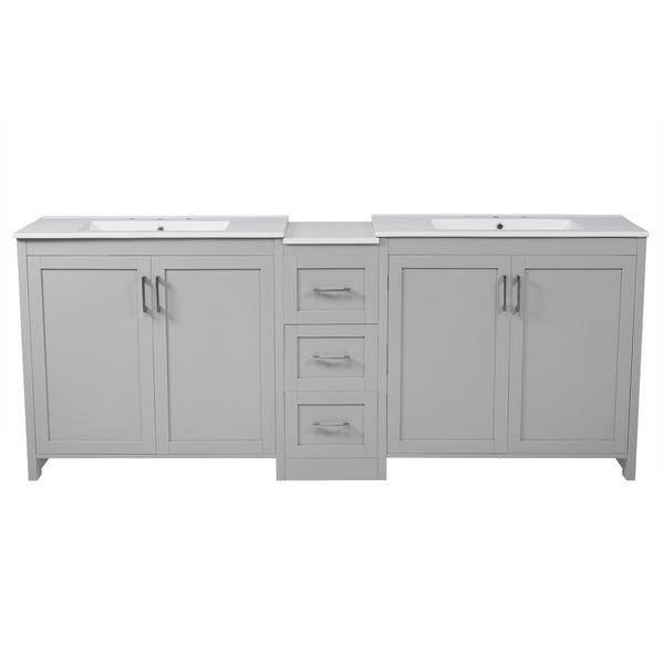 English Elm Christopher Knight Home® - 84" Double-Sink Bathroom Vanity with Quartz Countertop, Adjustable Shelves, Soft-Close Drawers & Silver Handles Gray N817P286004G