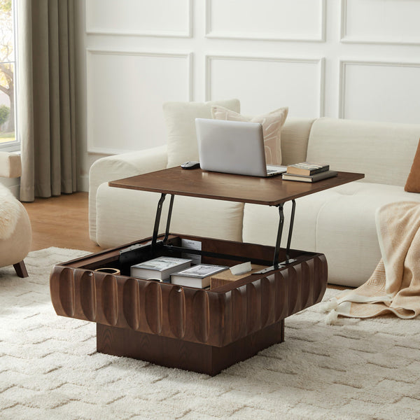 English Elm Square Lift-Top Coffee Table with Poplar Frame, Ash Veneer, Lift-Top Workspace and Hidden Storage Walnut W3137P363223