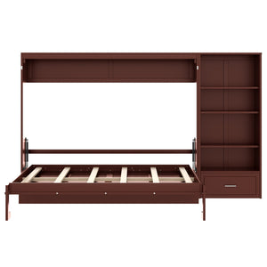 English Elm Queen Murphy Wall Bed with Folding Platform Side Cabinet Drawer and Adjustable Shelves Walnut N733S407545D