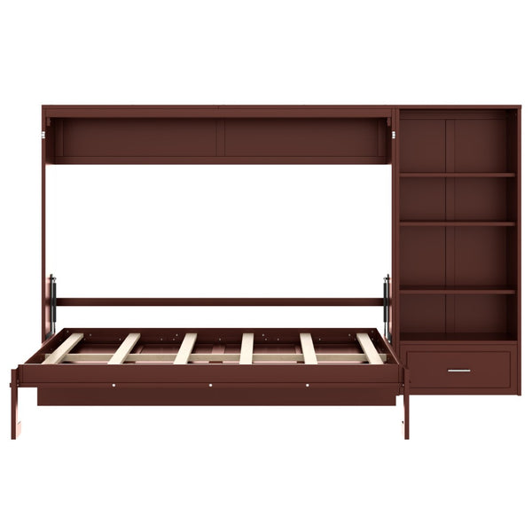 English Elm Queen Murphy Wall Bed with Folding Platform Side Cabinet Drawer and Adjustable Shelves Walnut N733S407545D