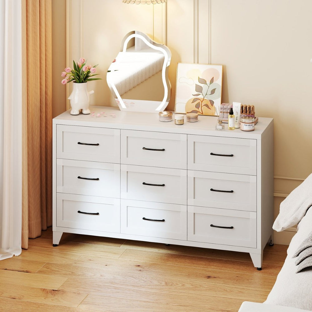 English Elm 9 Drawer Steel Dresser Low Profile White Powder Coated Frame Quiet Glide Bedroom Storage T2398P465982