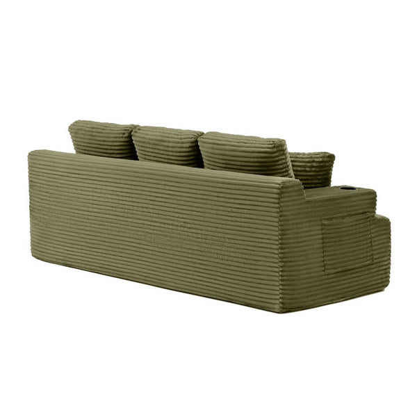 English Elm 86.2''boneless Floor Sofa Ribbed Corduroy 3 Seater with Cup Holders and Side Pockets Green W1117P421180