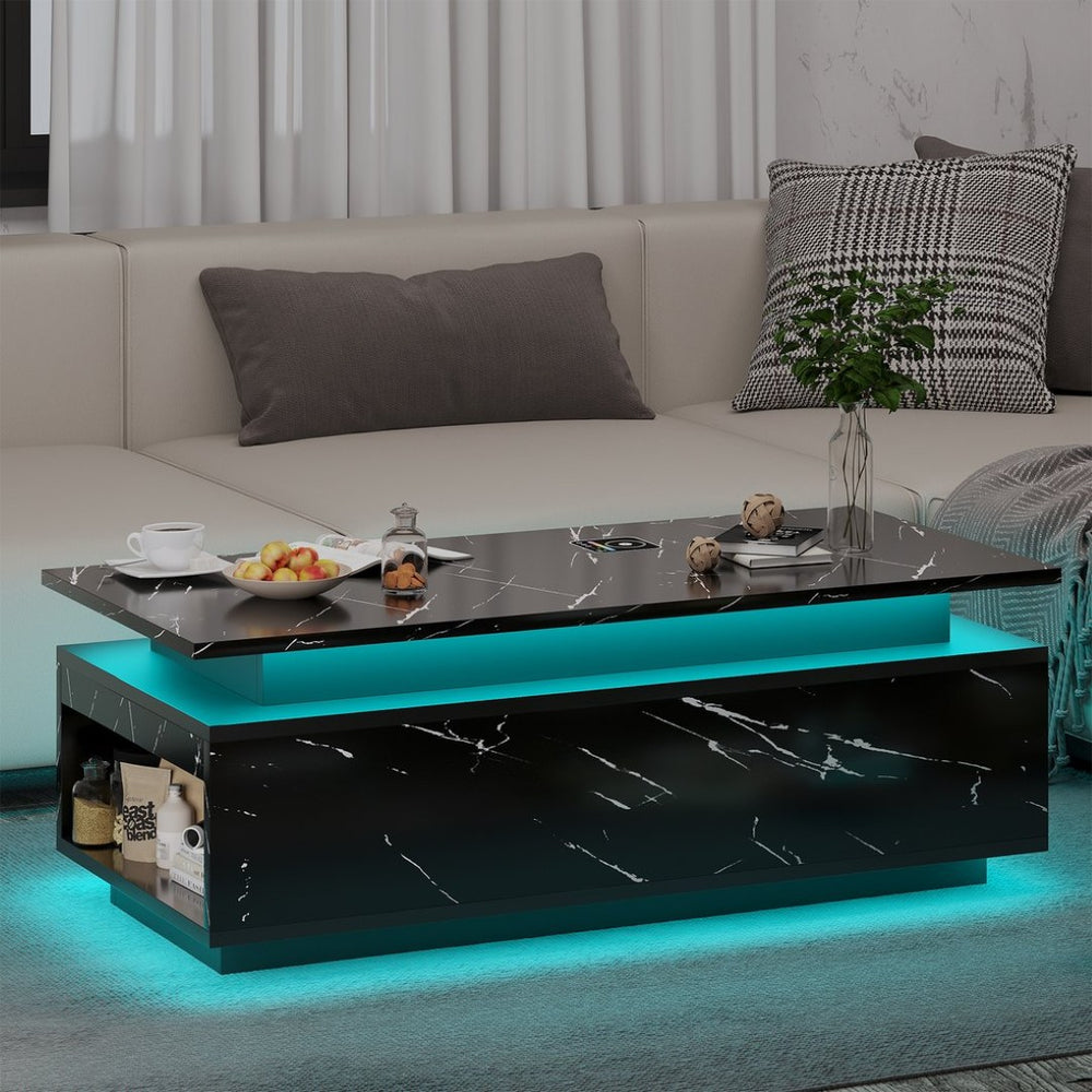 English Elm Coffee Table with Led Lighting Bluetooth Speaker Wireless Charging and Faux Marble Top Black T3773P415725
