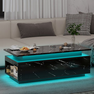 English Elm Coffee Table with Led Lighting Bluetooth Speaker Wireless Charging and Faux Marble Top Black T3773P415725