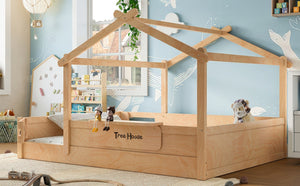 English Elm Queen House Shaped Kids Floor Bed Pine Wood Frame with Guardrails and Personalized Headboard Natural W1580P396335