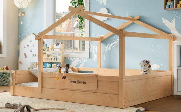 English Elm Queen House Shaped Kids Floor Bed Pine Wood Frame with Guardrails and Personalized Headboard Natural W1580P396335