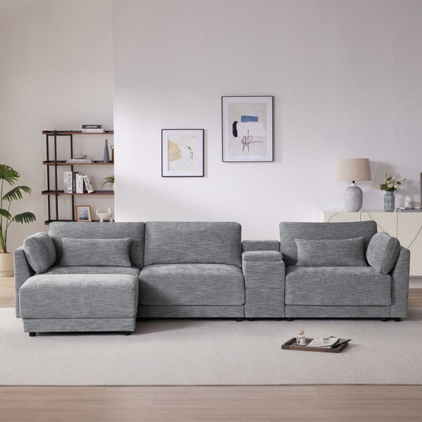 English Elm 124'' Modular Sectional Sofa: Reversible Chenille Couch With Storage, Ottoman & Usb Charger N723S9775E-GIGA