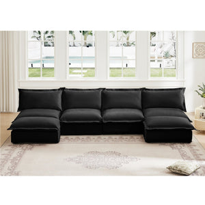 English Elm Slipcovered Chenille U-shape Sectional Deep Seat Cloud Couch with Reversible Ottoman W3041S00121
