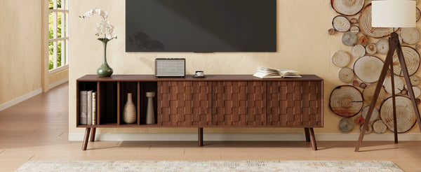 English Elm 68" Mid-century Walnut Media Console with Open Shelves and Soft-close Cabinet Storage N710P446195P