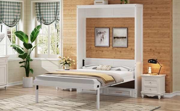 English Elm Full Murphy Bed with Storage Cabinets and Shelves, Space-Saving Wooden Wall Bed with 600lb Capacity Beige N7090004012A