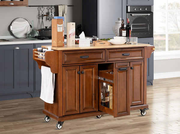 English Elm Kitchen Island Rubber Wood Countertop Mobile Cart with Towel & Spice Racks, Drawers, Storage Wheels Mahogany W914P147992