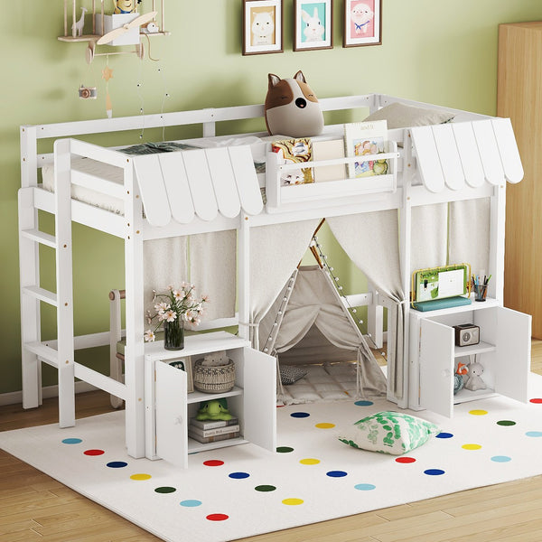 English Elm Twin Loft Bed Cottage-Style Playhouse with Built-In Bookshelf, Curtain & Storage, Safe Guardrails White W1580S00355