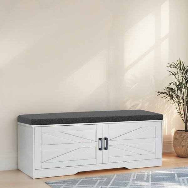 English Elm 2-Tier Farmhouse Storage Bench with Padded Seat, 2 Barn Doors & Adjustable Shelves for Entryway W3204P317308