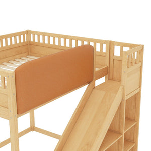 English Elm Full Size Kids Loft Bed Pine Frame Upholstered Headboard Built in Slide and Storage Shelves Natural W1580S00306