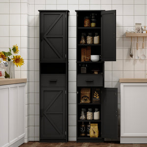 English Elm 69" Tall Bathroom Storage Cabinet with Barn Doors and Drawer, Slim 7-Shelf Floor Unit for Small Spaces Black W3457P336684