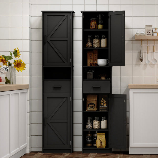 English Elm 69" Tall Bathroom Storage Cabinet with Barn Doors and Drawer, Slim 7-Shelf Floor Unit for Small Spaces Black W3457P336684
