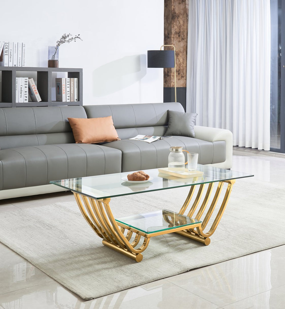English Elm 47" Modern Rectangle Coffee Table With Double-Layer Glass Shelves, Stylish Gold Frame & Storage Solution W2978S00013