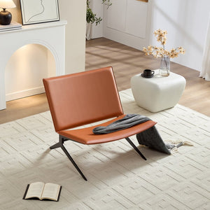 English Elm Modern Saddle Leather Accent Chair Curved Back Matte Iron Legs Compact Seating Orange W2085P399082