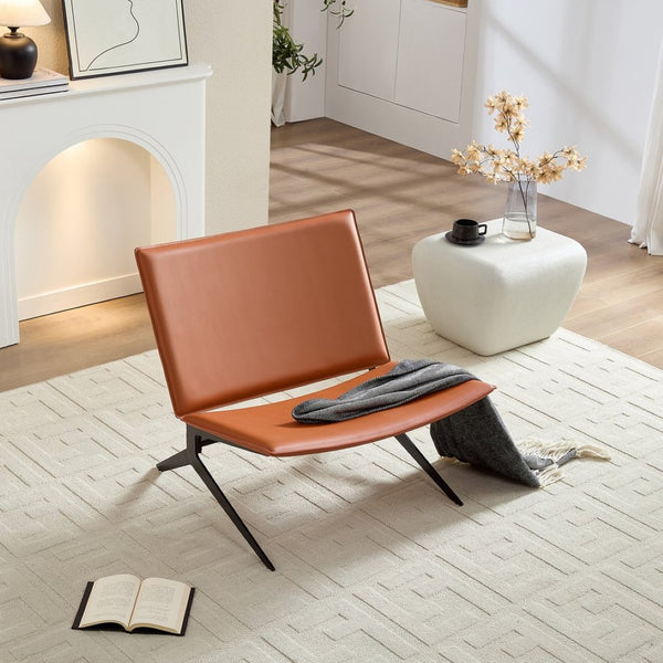 English Elm Modern Saddle Leather Accent Chair Curved Back Matte Iron Legs Compact Seating Orange W2085P399082