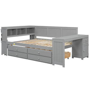 English Elm Full Size Pine Wood Platform Daybed with Led Headboard Desk Storage and Charging Gray N7090000475E-1