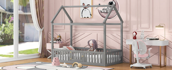 English Elm Twin Pine House Bed with Roof, Fence & Door — Enclosed Playful Design for Cozy Sleep and Imagination Gray WF531501AAE