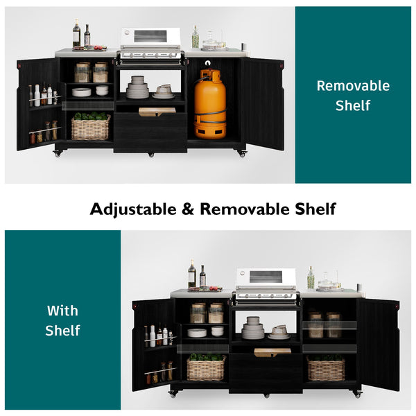 English Elm K&K 66.5" Outdoor Kitchen Island with 1.2" Stainless Steel Top, Ample Storage, Wheels & Bottle Opener Black N707P250629B